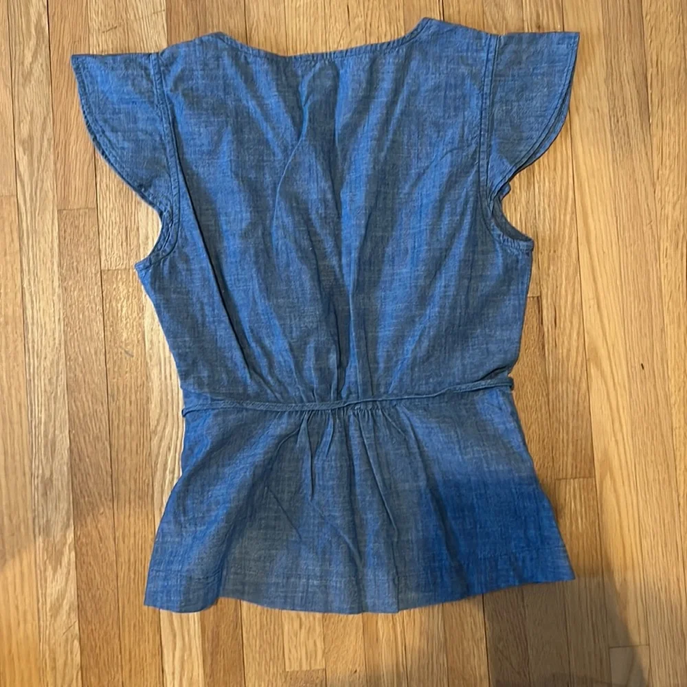 J. Crew Flutter Sleeve Faux Wrap Chambray Top - Picture 3 of 5